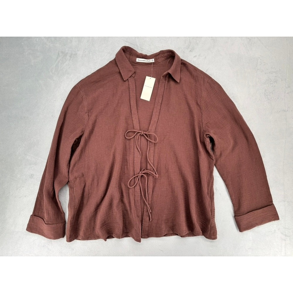 Abercrombie & Fitch Brown Gauze Tie Front Long Sleeve Top XL Boho Cozy Casual